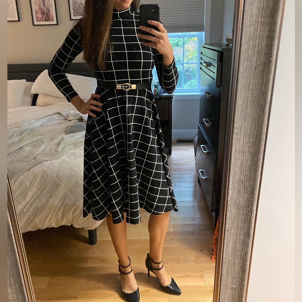 Black Windowpane Fit-and-Flare Dress